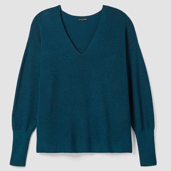 EILEEN FISHER Merino V-Neck Top Regenerative Wool Blue Spruce Women’s Size XXS - Picture 2 of 9